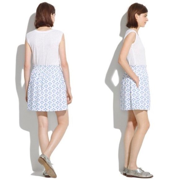 Madewell Ikat Blue Crosshatch Shirred Waist 100% Cotton White Mini Skirt Size S - Picture 7 of 7
